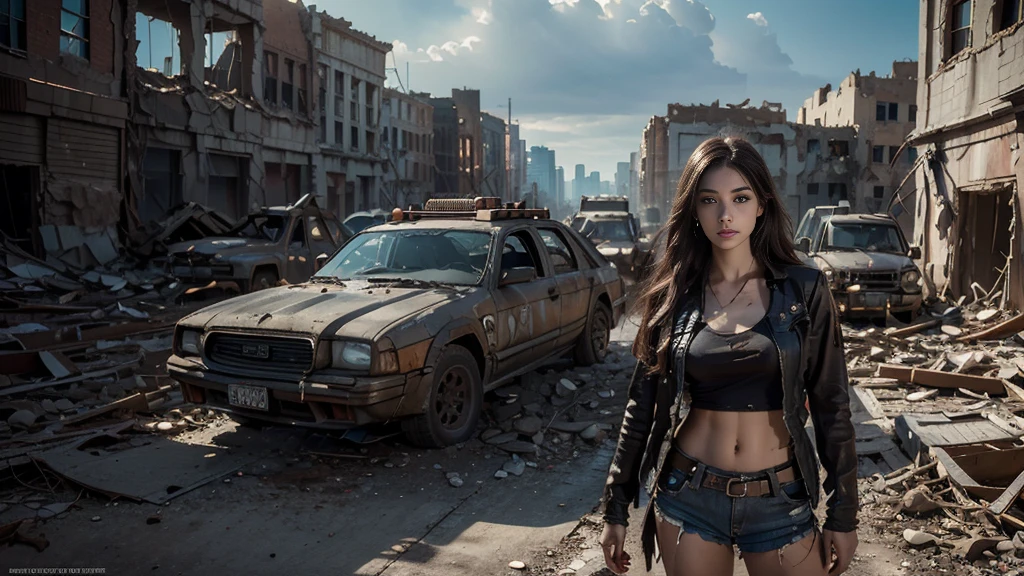 masterpiece, high resolution ,8K,(Portrait Photos:1.5),(R Original Photo),Reality,Digital Photography,(Apocalyptic ruins ),City ruins，beautiful 20 year old woman，sentry， post-apocalyptic scene，Medium distance photography， torn clothes 