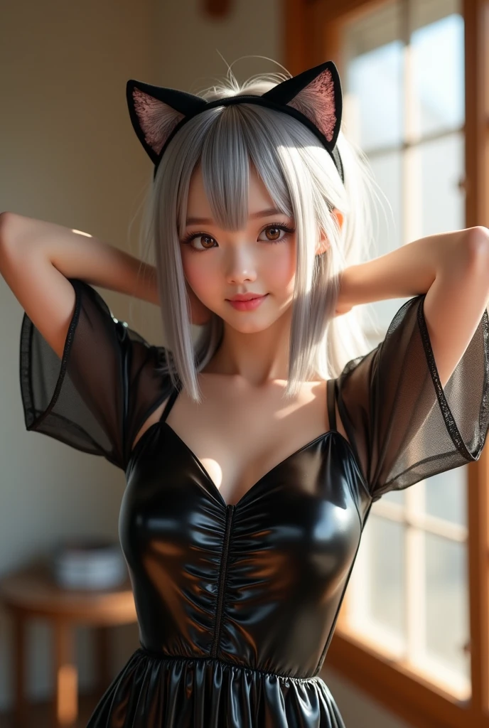 Top Quality, Masterpiece, High Resolution, 8k, (small skinny girl in rubber see through bodysuit, small black collar, cat ears, fear in her face), beautiful detailed eyes, beautiful detailed lips, no lipstick, extremely detailed face, small hips, pixie side shaved hair, posing anxiously on the bed