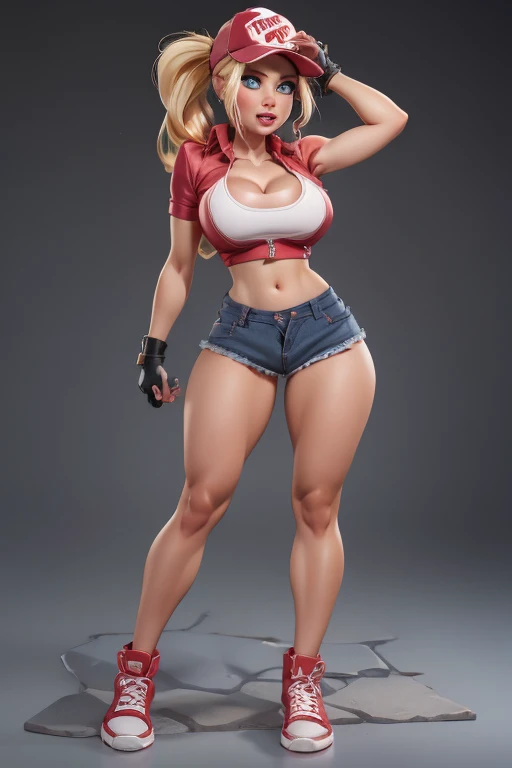 (masterpiece), best quality, expressive eyes, perfect face, highres, (8k), (perfect face), (ultra details), 1 girl, solo, terry bogard girl, blonde hair, ponytail, blue eyes, long hair, baseball cap, fingerless gloves, denim shorts, shoes, 
, blushing, frightened, anguished, open-mouthed, room background, no posing, standing, portrait, looking down. Piel humeda, manos y dedos bien detallados, (puños cerrado)