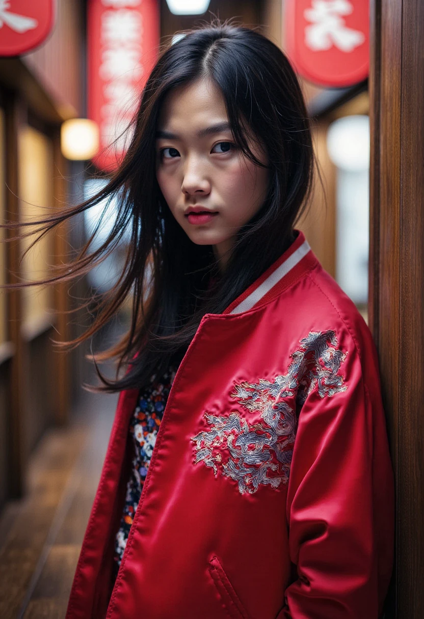 sukajan, Photo of a woman wearing sukajan jacket, red jacket, long black hair, messy hair, Tokyo background, neon light.2 vibe