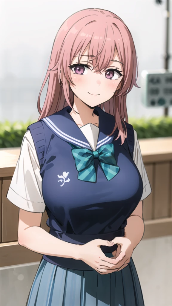 best quality, (masterpiece:1.2), detailed,
inui shinju lj,
1girl, solo, light smile, closed mouth,
pink hair, pink eyes, long hair, big breasts, upper body,
school uniform, sailor collar, sweater vest, blue skirt, green bow,
standing, (from angle:1.2), hands behind back, looking at the viewer,
outdoors, park, grass, tree, cloud