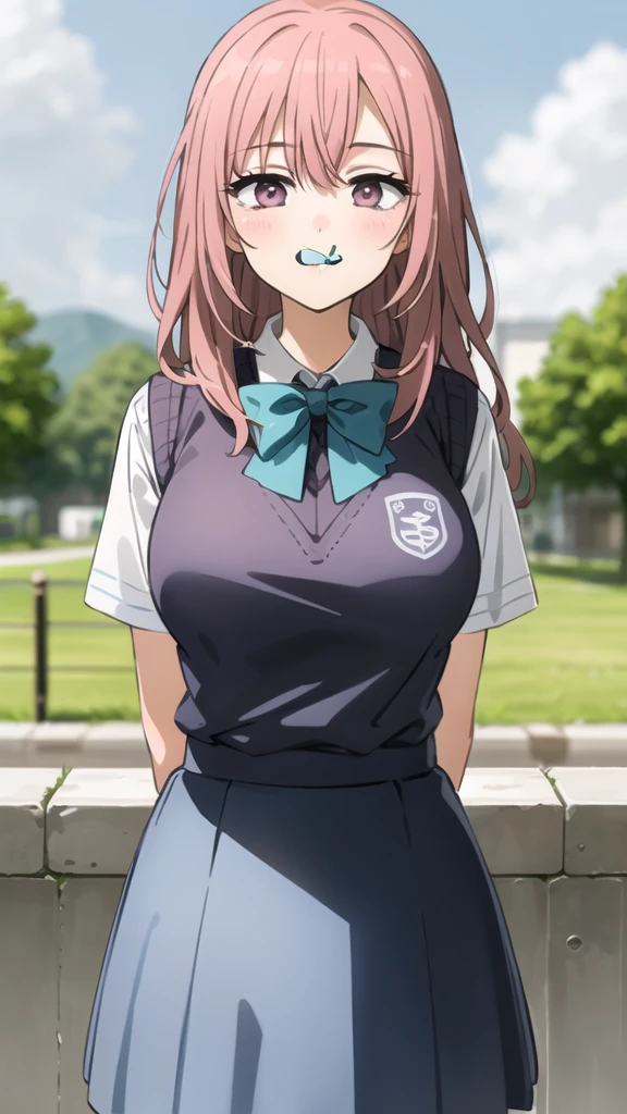 best quality, (masterpiece:1.2), detailed,
inui shinju lj,
1girl, solo, light smile, closed mouth,
pink hair, pink eyes, long hair, big breasts, upper body,
school uniform, sailor collar, sweater vest, blue skirt, green bow,
standing, (from angle:1.2), hands behind back, looking at the viewer,
outdoors, park, grass, tree, cloud