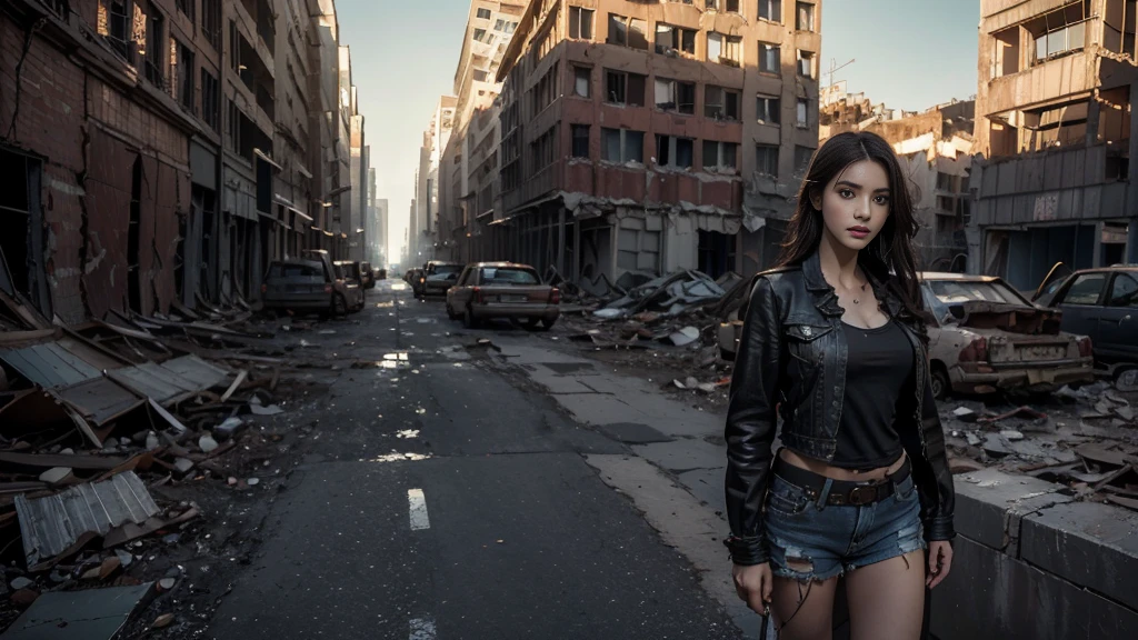 masterpiece, high resolution ,8K,(Portrait Photos:1.5),(R Original Photo),Reality,Digital Photography,(Apocalyptic ruins ),City ruins，beautiful 20 year old woman，sentry， post-apocalyptic scene，Medium distance photography， torn clothes 