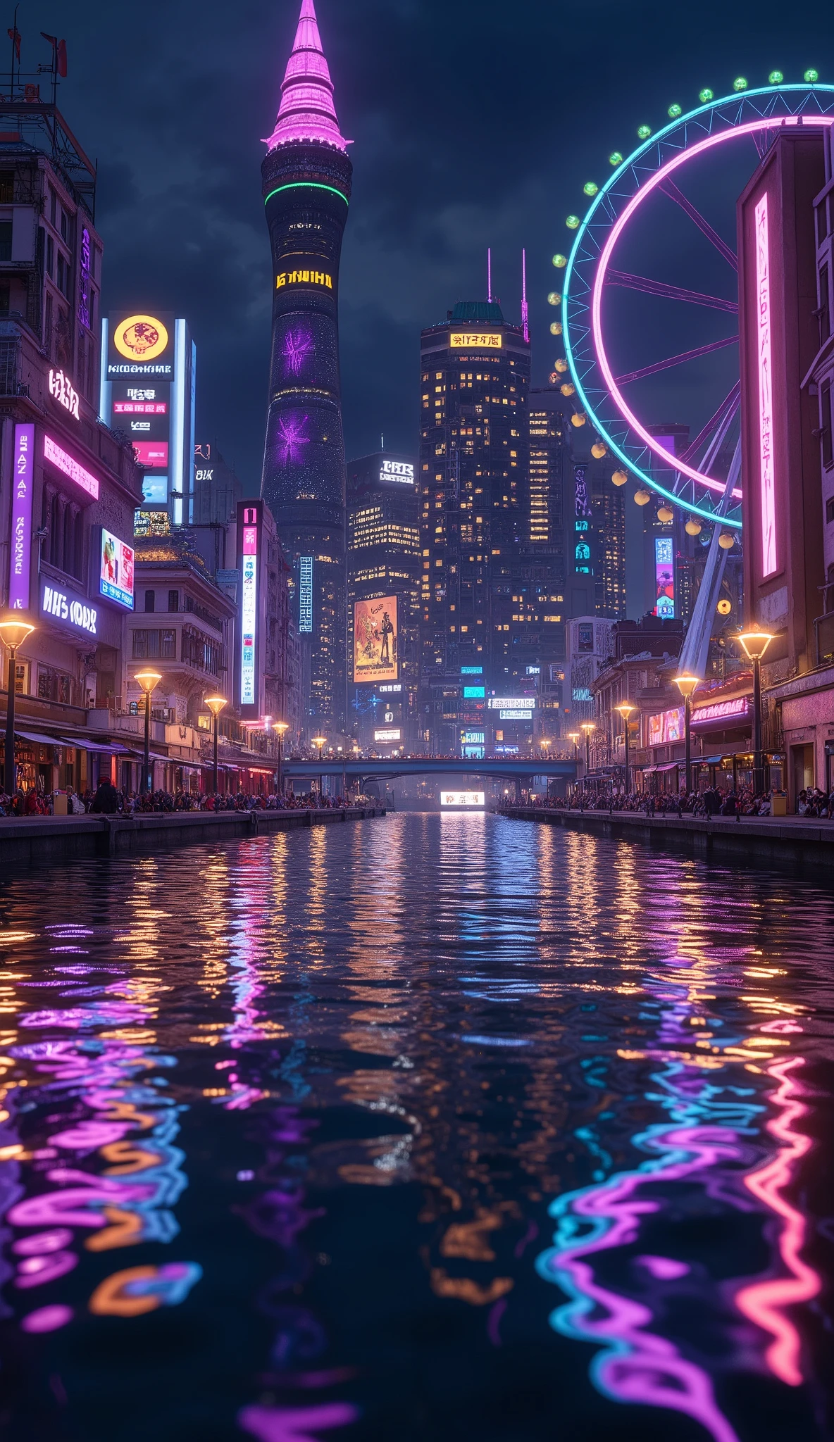 (masterpiece:1.2, best quality, ultra high resolution, Very detailed, best illustrations),8k, wallpaper,The city reflected on the surface of the water,(水面に移る Cyberpunkな都市:2.0),( Isometric 3D Illustration :2.0),Game world,( steampunk:2.0),( Cyberpunk:2.0),anime, searchlight ,neon,night,The giant ferris wheel that shines in seven colors,Japan, Blade Runner , STYLISH,( Rainbow Colors :2.0),port,Yokohama