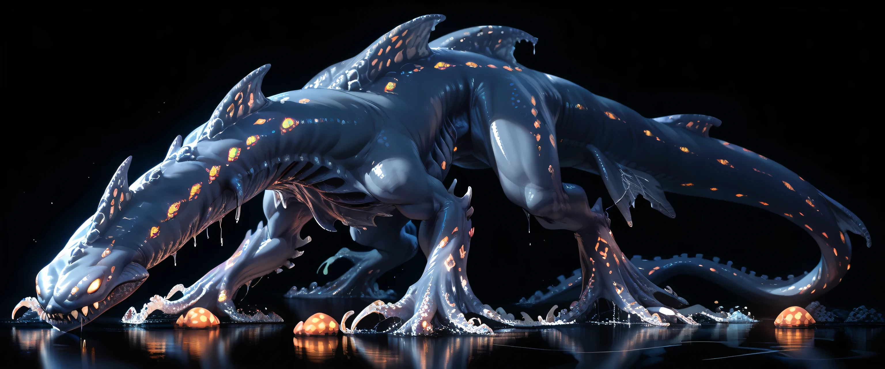 Solo, Giant Kraken, Massive Sea Monster, Dark Gray Skin, Long Body, Sea Creature, Leviathan, Bioluminescent glowing Patterns, Colorful, black Background, Creature Design Sheet 