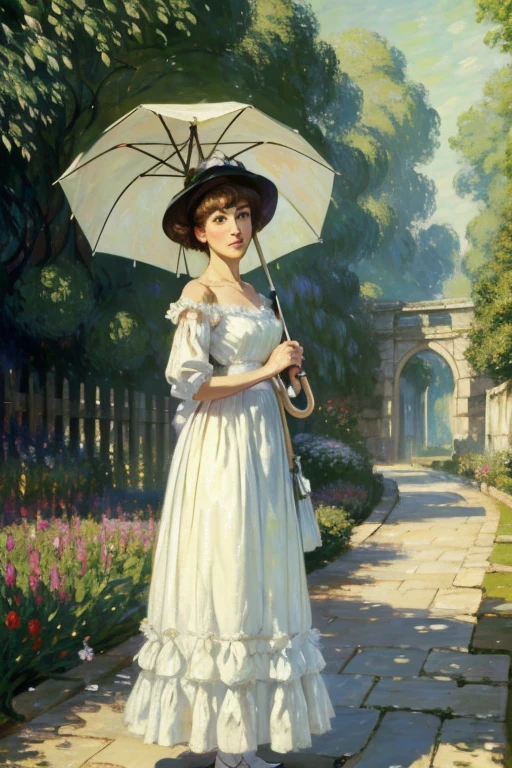  painting of a woman in a white dress holding a green umbrella,  standing with an umbrella , many painting, many painted, by claude many, by Claude Monet , charles many, style of many, claude many), , uma pintura impressionista,  de Blanche Hoschedé Monet, calude many style, style of claude many, many. dazzling lighting, 