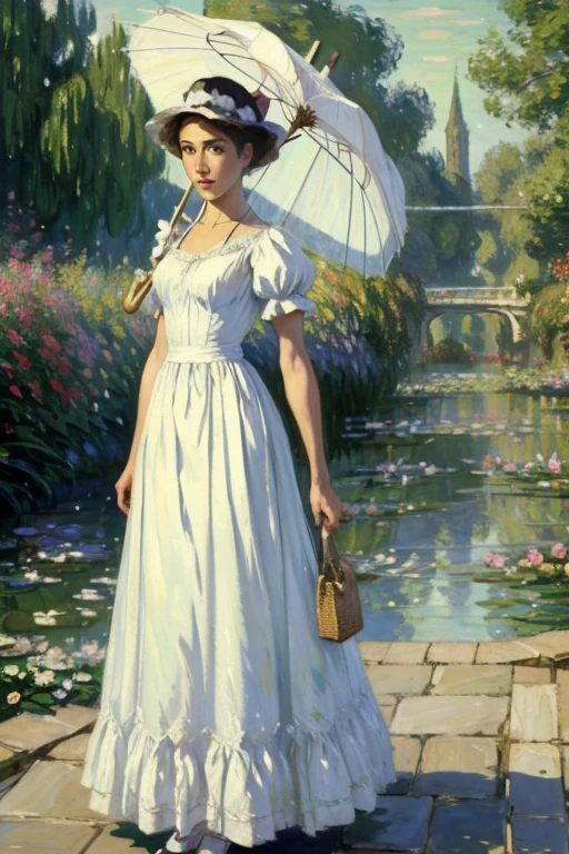  painting of a woman in a white dress holding a green umbrella,  standing with an umbrella , many painting, many painted, by claude many, by Claude Monet , charles many, style of many, claude many), , uma pintura impressionista,  de Blanche Hoschedé Monet, calude many style, style of claude many, many. dazzling lighting, 