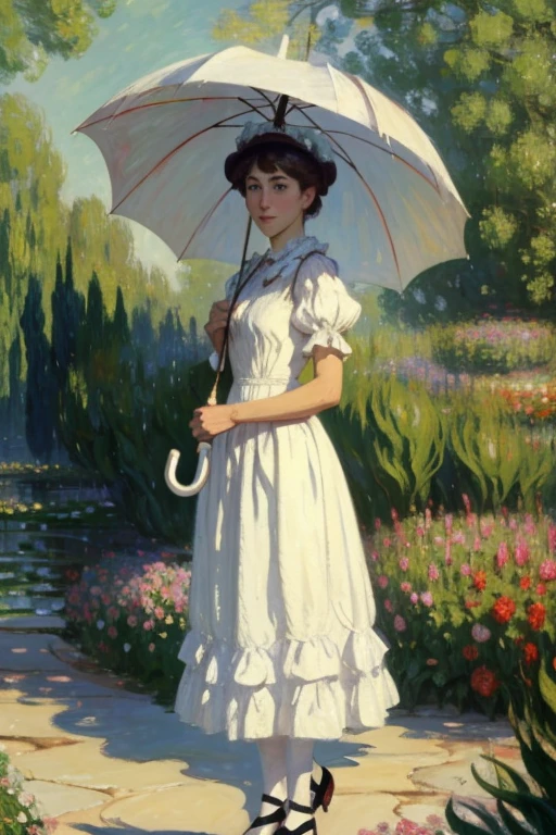  painting of a woman in a white dress holding a green umbrella,  standing with an umbrella , many painting, many painted, by claude many, by Claude Monet , charles many, style of many, claude many), , uma pintura impressionista,  de Blanche Hoschedé Monet, calude many style, style of claude many, many. dazzling lighting, 