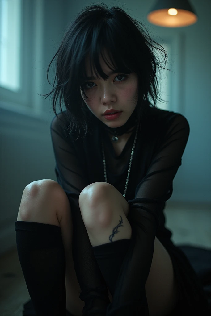 A female student in a leather jacket is lying on a lacquered wooden table