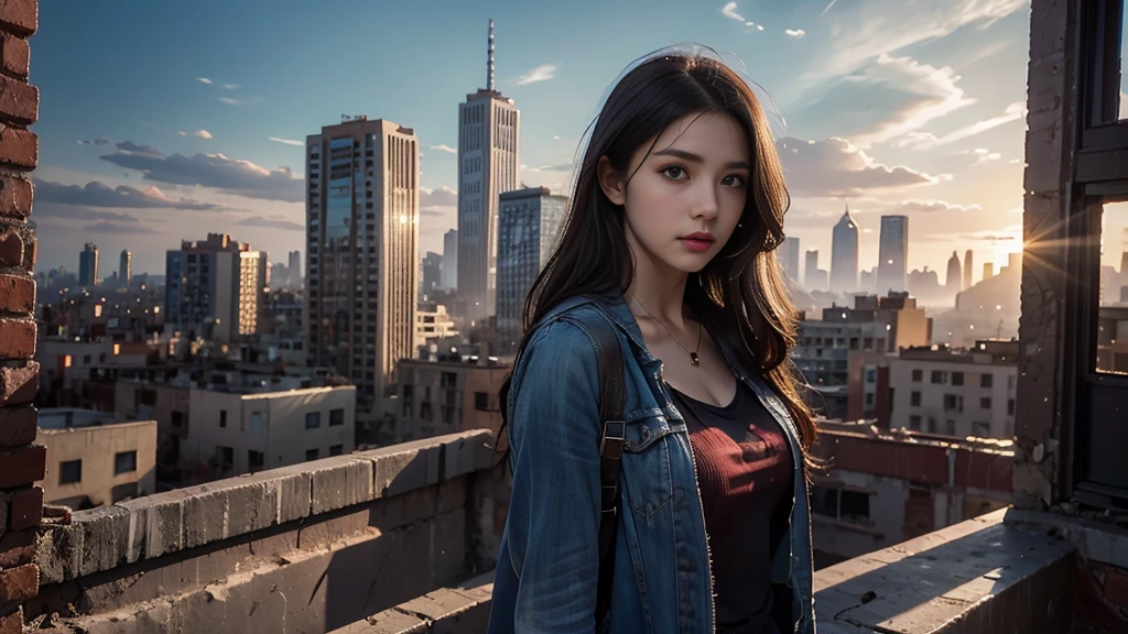 masterpiece, high resolution ,8K,(Portrait Photos:1.5),(R Original Photo),Reality,Digital Photography,(Apocalyptic ruins ),City ruins，beautiful 20 year old woman，sentry， post-apocalyptic scene，Medium distance photography， torn clothes 