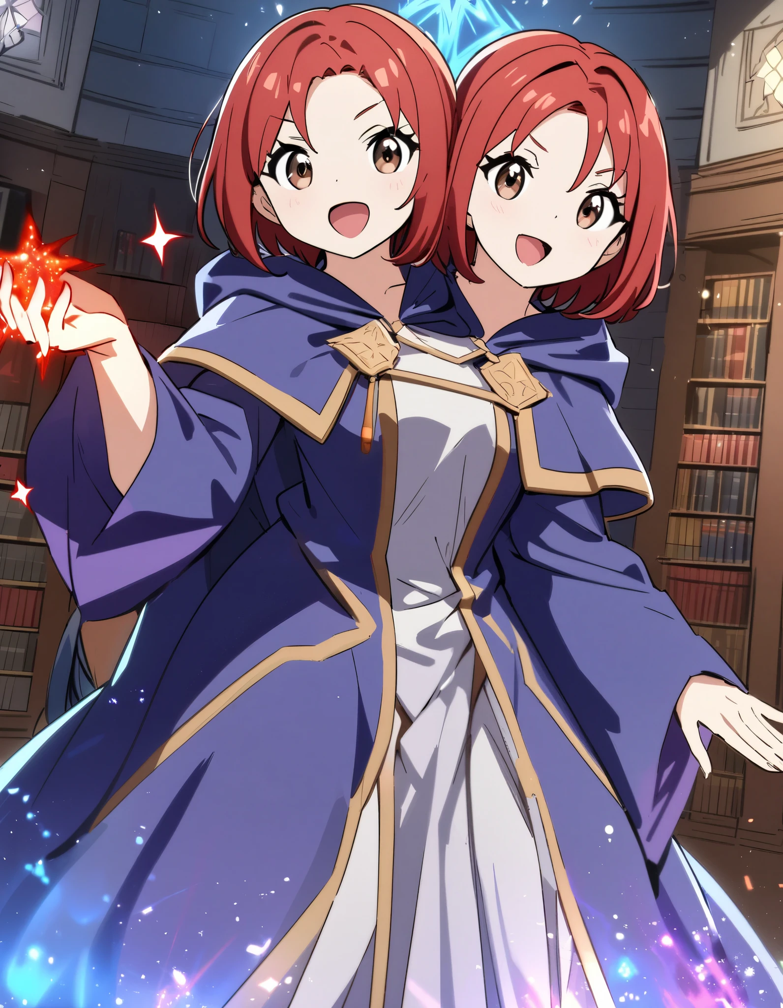 masterpiece, best quality, absurdres, two heads, conjoined, 1girl, wizard, red hair, brown eyes, magic sparks in hand, friendly, open mouth, blue wizard robe, private library lobby