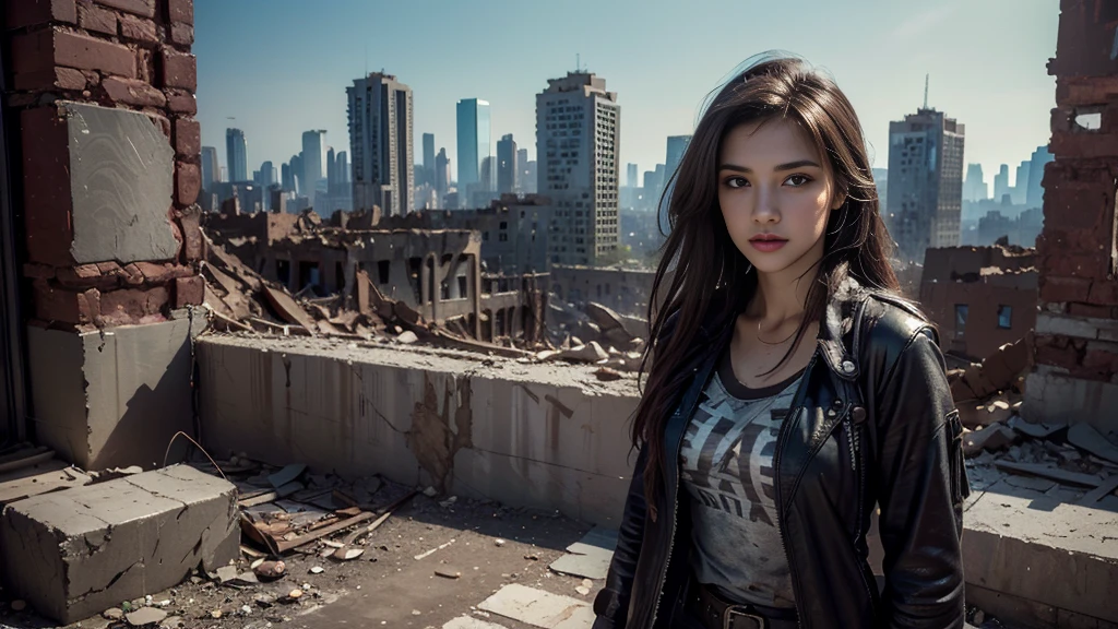 masterpiece, high resolution ,8K,(Portrait Photos:1.5),(R Original Photo),Reality,Digital Photography,(Apocalyptic ruins ),City ruins，beautiful 20 year old woman，sentry， post-apocalyptic scene，Medium distance photography， torn clothes 