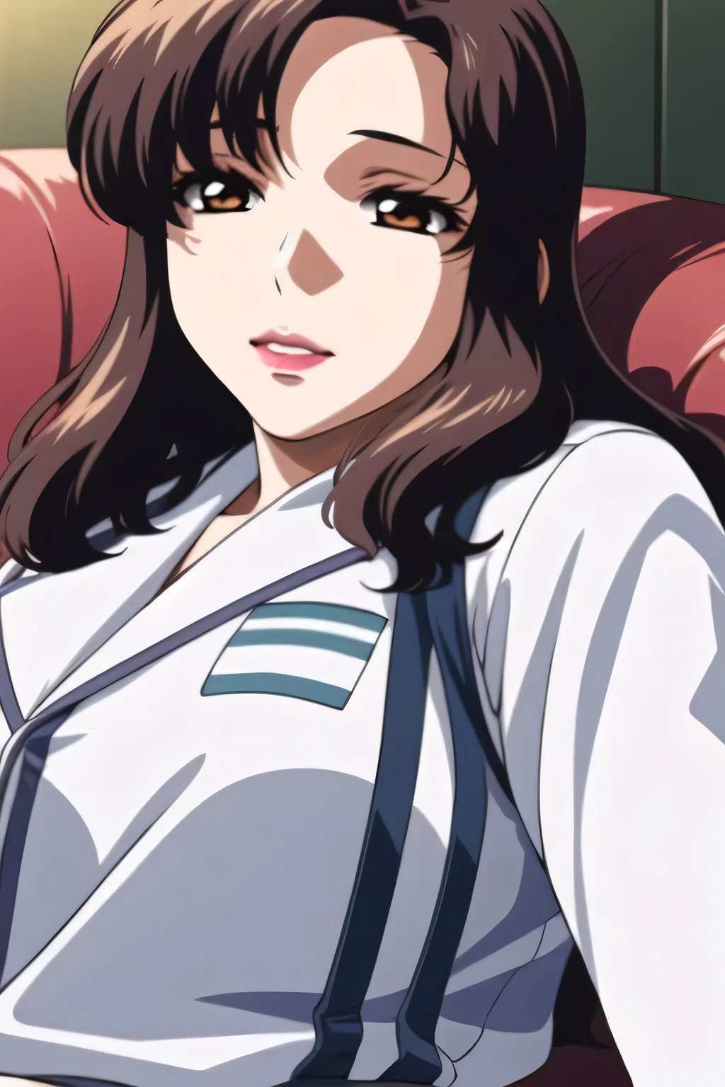 Anime girl with long brown hair sitting in a chair - SeaArt AI