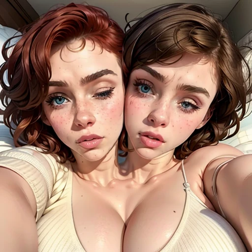 ((masterpiece)), ((best quality)), (detailed), perfect, solo, two-headed Sophia-lillis, a woman, gorgeous woman, ((1girl:1.3)), luscious lips, short bob cut red hair, blue eyes, ((extremely detailed eyes)), ((one eye closed:1.2)), falling asleep, yawning, freckles, huge breast, deep cleavage, huge breasts, sexy, ((two heads, conjoined_dicephalus)), (kissing:1.4), (wearing loose fitting sweater, pajamas), ((aggressively squeezing breast:1.3)), indentation on breast, blushing, (((extremely aroused))), (lying on a bed sideways:1.3), relaxed, (close-up, side angle),  falling asleep, yawning, ((focus on faces:1.3)), ((cheeks rubbing together)), (both heads making eye contact each other:1.2), (yelling in ecstasy)