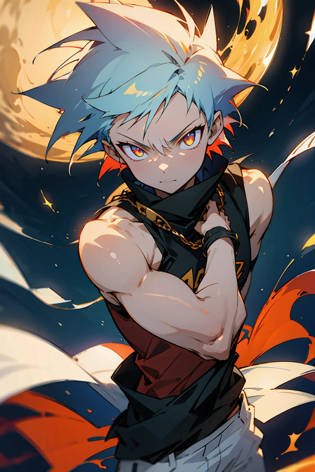 1male, Pre Teen, Spikey Hair, Crimson Hair, Gold Star Eyes, Black Sleeveless shirt, White baggy pants, Night Time, Cocky Expression, Moon