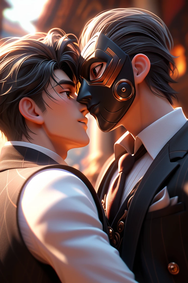 A gay couple dancing at a masquerade ball, one in a mask and black suit and the other in a mask and white suit, both looking at each other with an intense look as they dance, the light from the spotlight illuminates them in the ballroom, seen up close, cinematic lighting, HD, 3D anime, 3D animation, high details, accurate, masterpiece, unreal engine, digital art, concept art, beautiful wallpaper, detailed textures, detailed