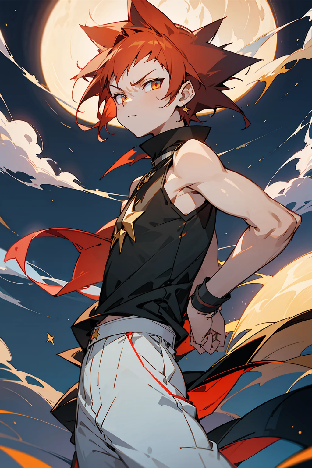 1male, Pre Teen, Spikey Hair, Crimson Hair, Gold Star Eyes, Black Sleeveless shirt, White baggy pants, Night Time, Cocky Expression, Moon