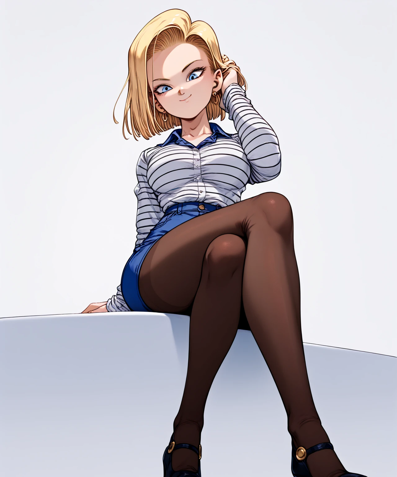 best quality, highres, 1girl, android 18, solo, blonde hair, blue eyes, short hair, earrings, large breasts, from below, smile, sexually dominant woman, cross legs, pantyhose, sitting, push hair back, 