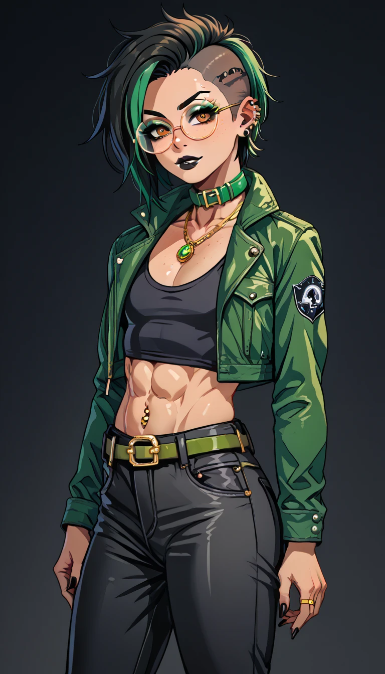 1boy;Androgynous;Mahogany punk undercut hair;gold eyes;freckled skin;toned,athletic body;black lip gloss;black eyeliner;green eyeshadow;sharp black nails;round glasses;black tight full shirt;black cargo pants;green belt;Green Canvas Jacket;Combat Boots;amber pendant;green collar;pierced ears;GothMOONXL
