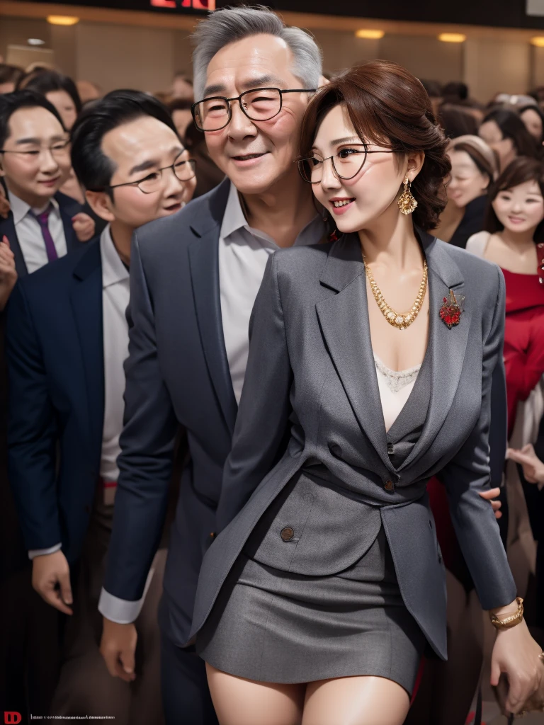 A beautiful woman wearing a revealing skirt suit, her elderly husband hugged and kissed her from behind in the crowded crowd, UHD, masterpiece, textured skin, super detail, best quality, 8k.