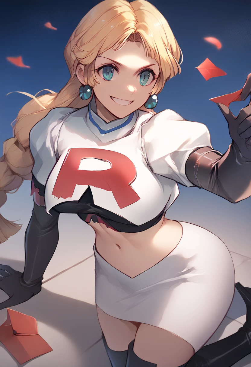 Team rocket, team rocket uniform, red letter R, white skirt,white crop top,black thigh-high boots, black elbow gloves, evil smile, night sky background, earrings, large breasts, high-heeled boots, Ingrid Brandl Galatea, blond hair