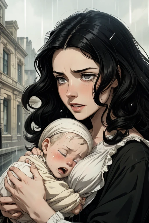  Close-up of a young white woman ,  with curly black hair and distressed ,  holding a crying newborn baby, black and white manga style, Rain falling in the background ,  19th century London scene 