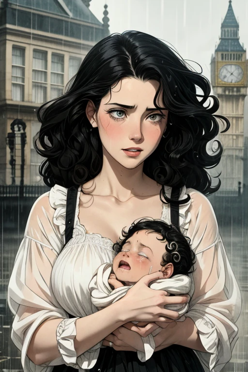  Close-up of a young white woman ,  with curly black hair and distressed ,  holding a crying newborn baby, black and white manga style, Rain falling in the background ,  19th century London scene 