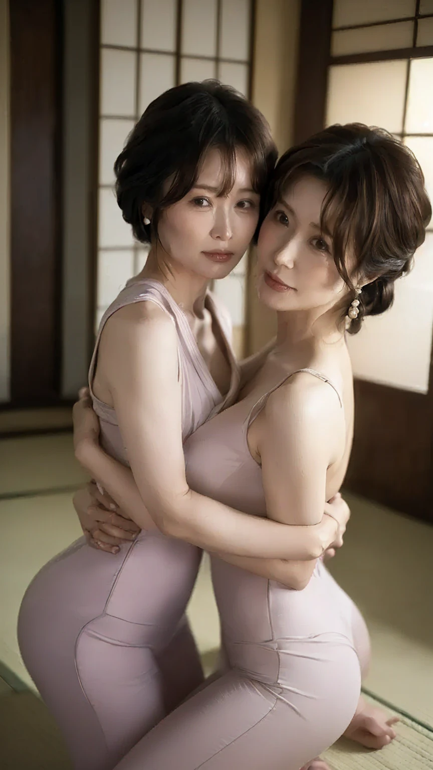 (( best quality)), ((8k)), ((masterpiece: 1.3)), ( perfect appearance ), ( photorealism : 1.6), (mk), (You), (2 mature women hugging each other while naked ),  perfect anatomy, ((age, 52 years old, 65 years old)), ((Hairstyle, Wavy Semi-Long,  short bob)), (( 2 mature women looking into each other's eyes)), ((Japanese-style room with tatami mats)), 