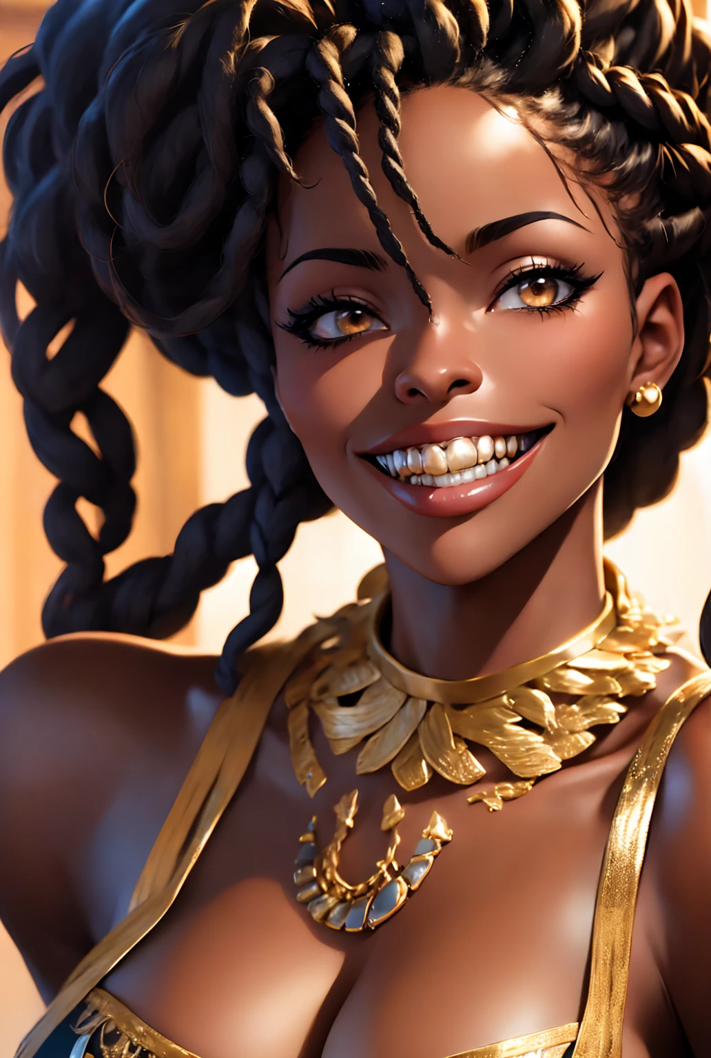 a close up portrait, an African American woman, snarling facial expression, golden teeth, dread loc or afro hairstyle, (photorealistic, HDR, 8K, Masterpiece)