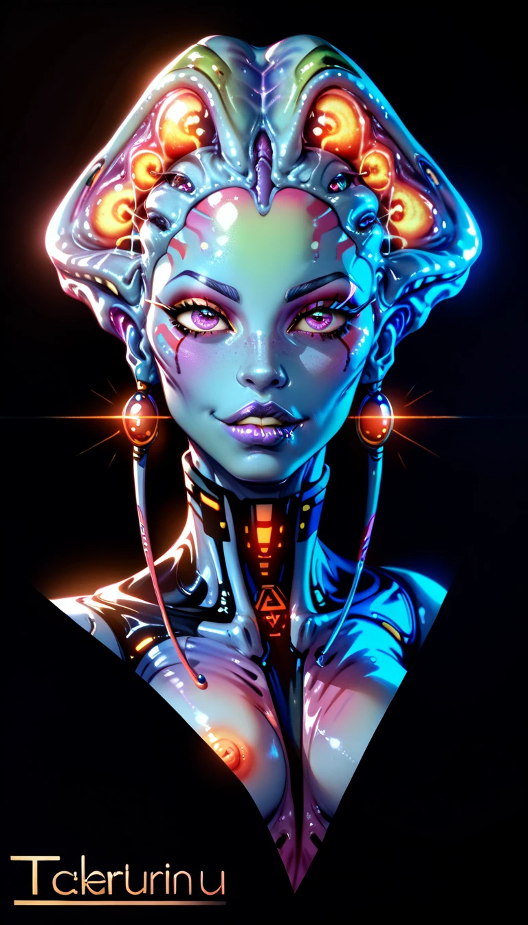 Ancient Extraterrestrial Creature, Alien Being, ((Non-Human)), Female seductive Alien, colorful skin, Revealing Glowing Biopunk, Futuristic Alien clothes, Seductive Alien technology, Black Background, Character Design Sheet, ((eye focus, lip focus)), glowing nipples