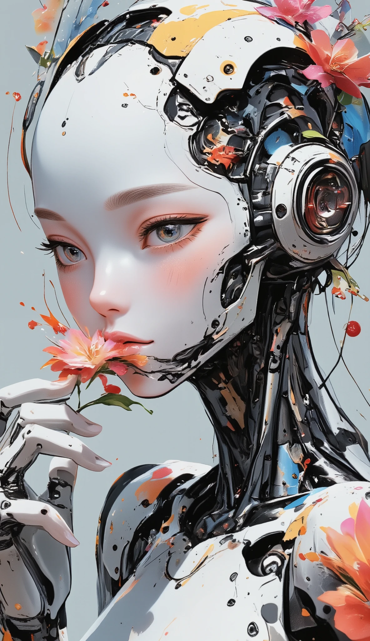  a close up of a robot with a flower in its mouth,  digital art inspired by Beeple ,  trend in polycount , arte digital,  humanoids covered in flowers , Stylized 3D Render,  Beeple rendered in 3D , Nice 3D rendering, robot lindo, robot photography , Stylized 3D rendering, stylized Digital Art