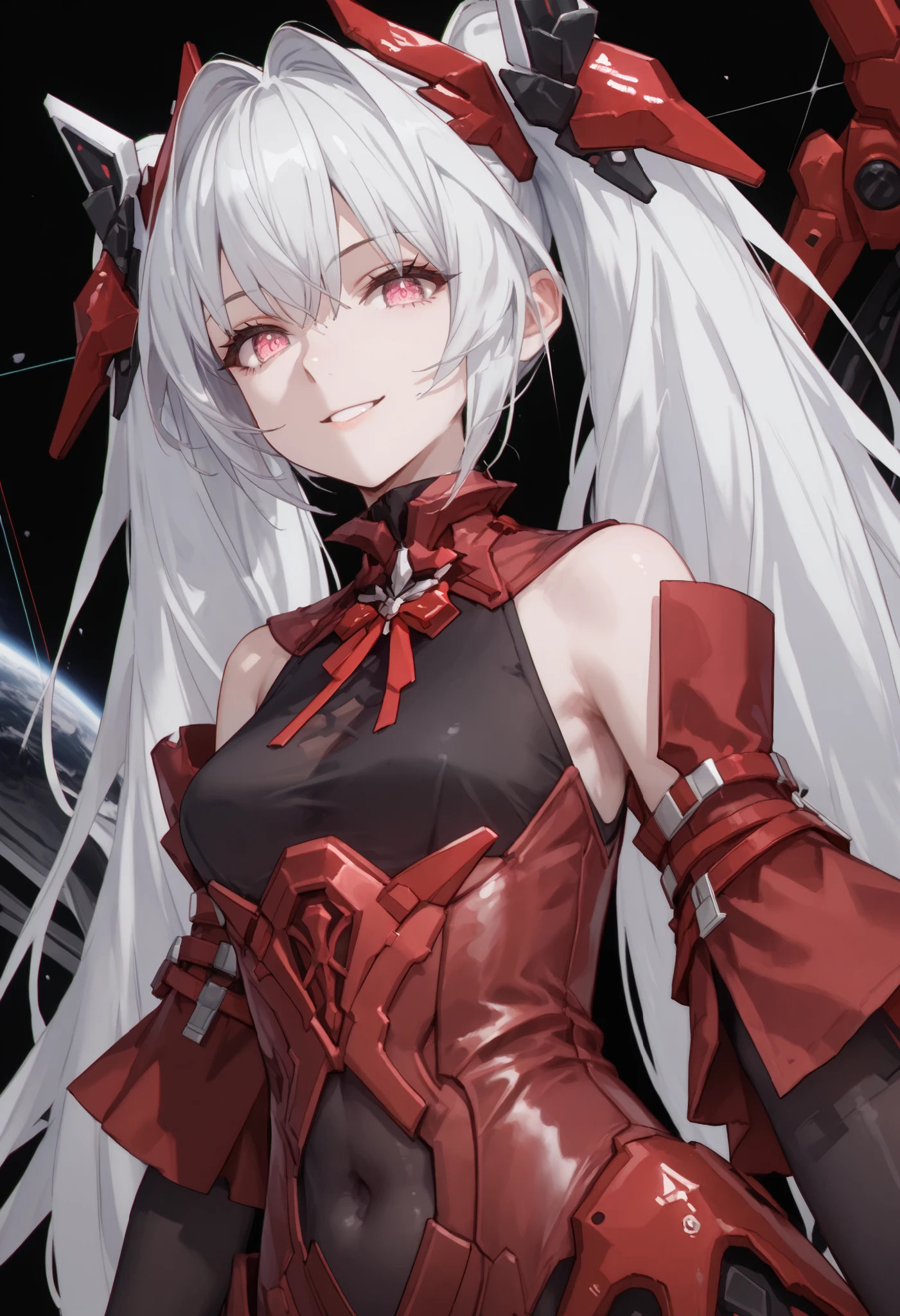 masterpiece, 1girl, anime, Oblivion, pink eyes, white hair, long hair, twintails, headgear, Oblivion clothes, navel visible through clothes, black bodysuit, upper body, looking at viewer, smile, black hole background, score_9, score_8_up, score_7_up, zPDXL3