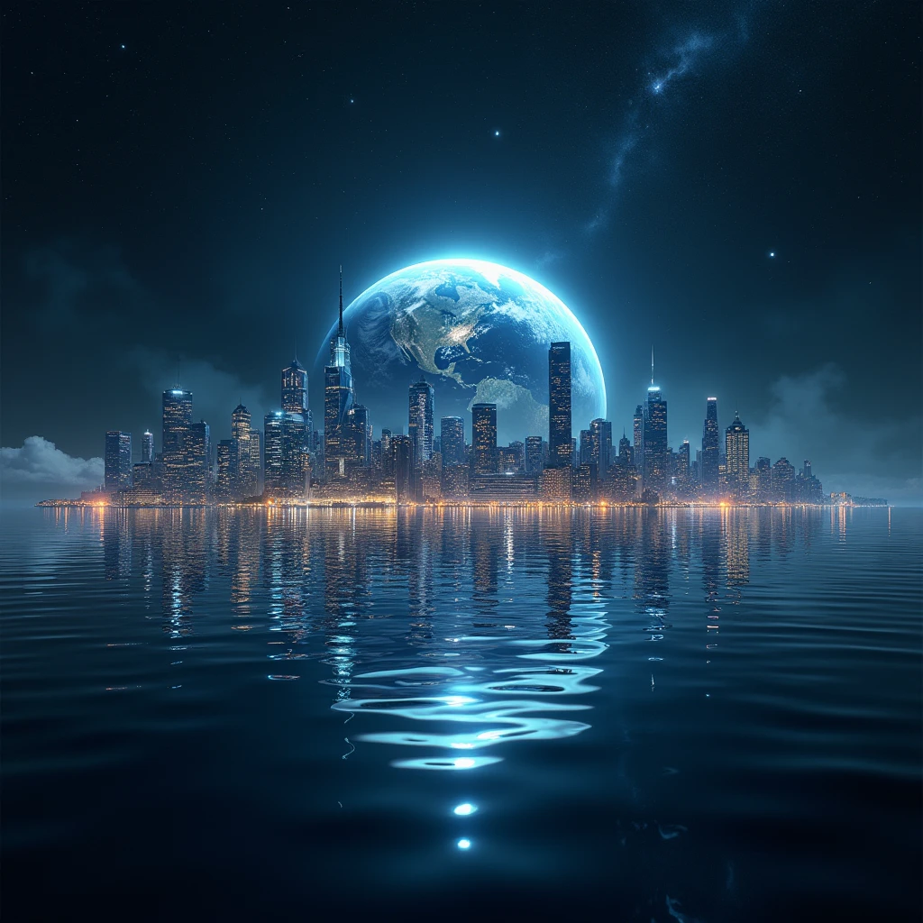 A large expanse of water in space, with images of beautiful earth cities reflected in it.close up of beautiful reflection