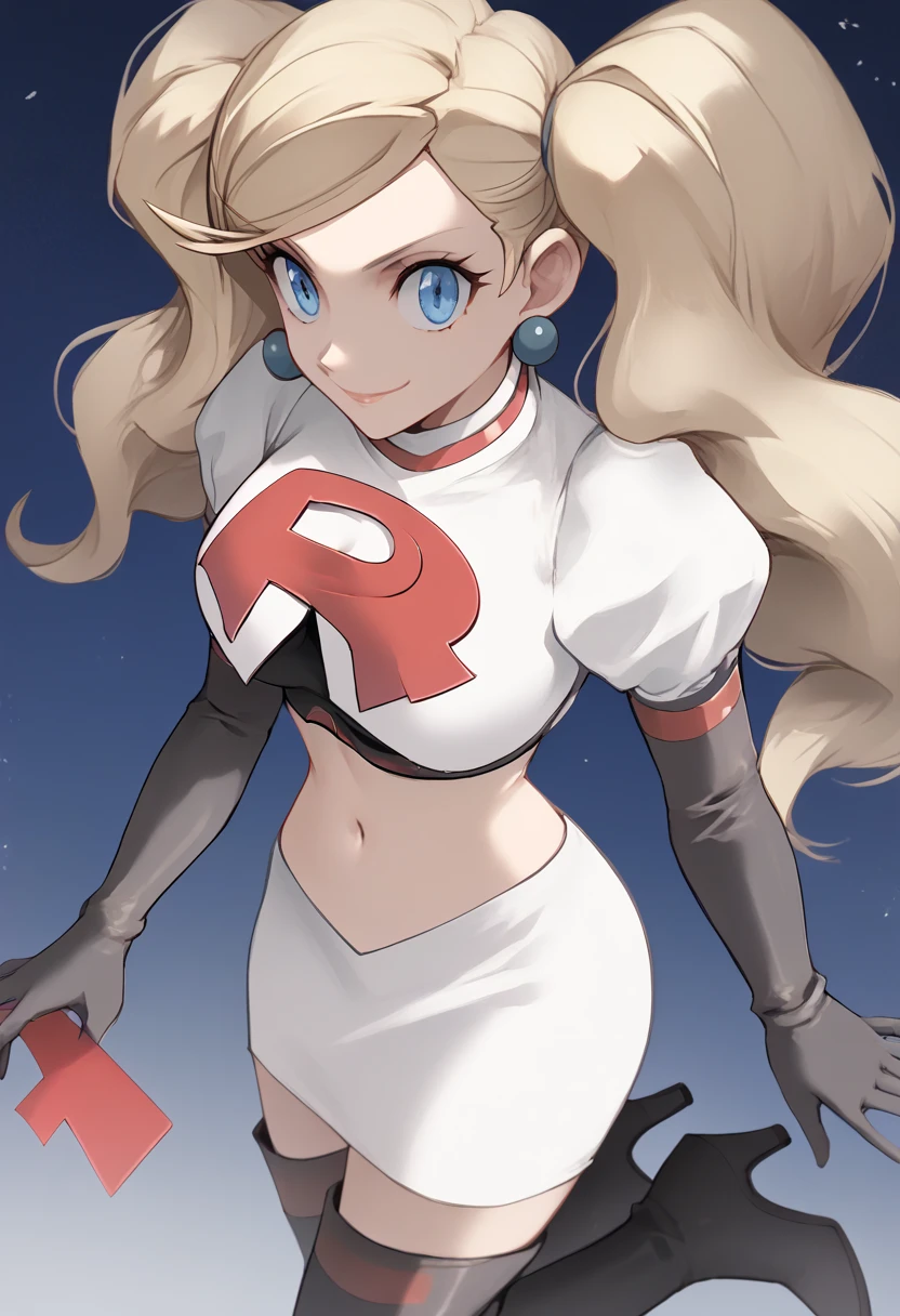 Team rocket, team rocket uniform, red letter R, white skirt,white crop top,black thigh-high boots, black elbow gloves, evil smile, night sky background, earrings, large breasts, high-heeled boots, Ann Takamaki, blonde hair, twintails