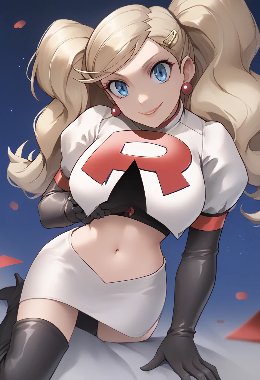 Team rocket, team rocket uniform, red letter R, white skirt,white crop top,black thigh-high boots, black elbow gloves, evil smile, night sky background, earrings, large breasts, high-heeled boots, Ann Takamaki, blonde hair, twintails