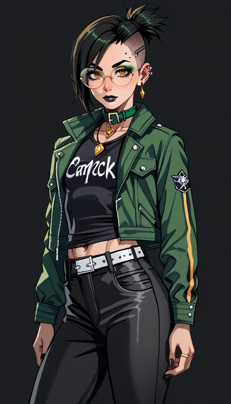 1boy;Androgynous;warm Chocolate punk undercut hair;gold eyes;freckled skin;toned,athletic body;black lip gloss;black eyeliner;green eyeshadow;sharp black nails;round glasses;black tight full shirt;black cargo pants;green belt;Green Canvas Jacket;Combat Boots;amber pendant;green collar;pierced ears;GothMOONXL
