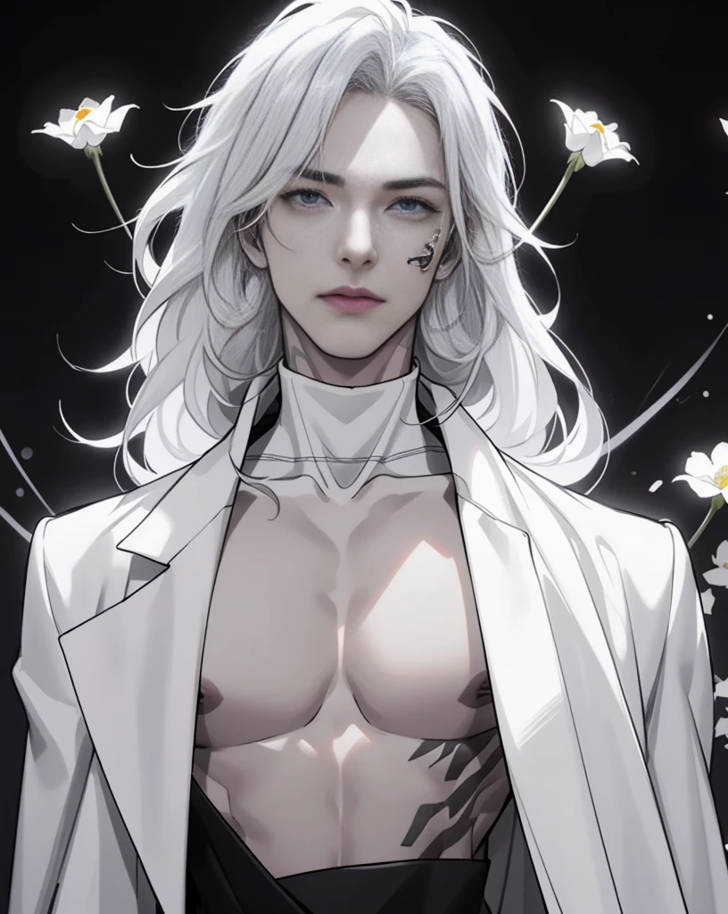 full HD, 4K, better quality, ((1 Adult man, 40 years))), ((white long Hair)), ((grey eyes)), white turtleneck, black trousers, Black background, Large assembly, Pumped up body, good anatomy, (super detailed face), (Detailed eyes, Even the eyes), soft look, soft expression, Dynamic pose in a black cloak, military, half-naked chest, tattoos on the body, glowing light, (flowers at the background), cyberpunk style