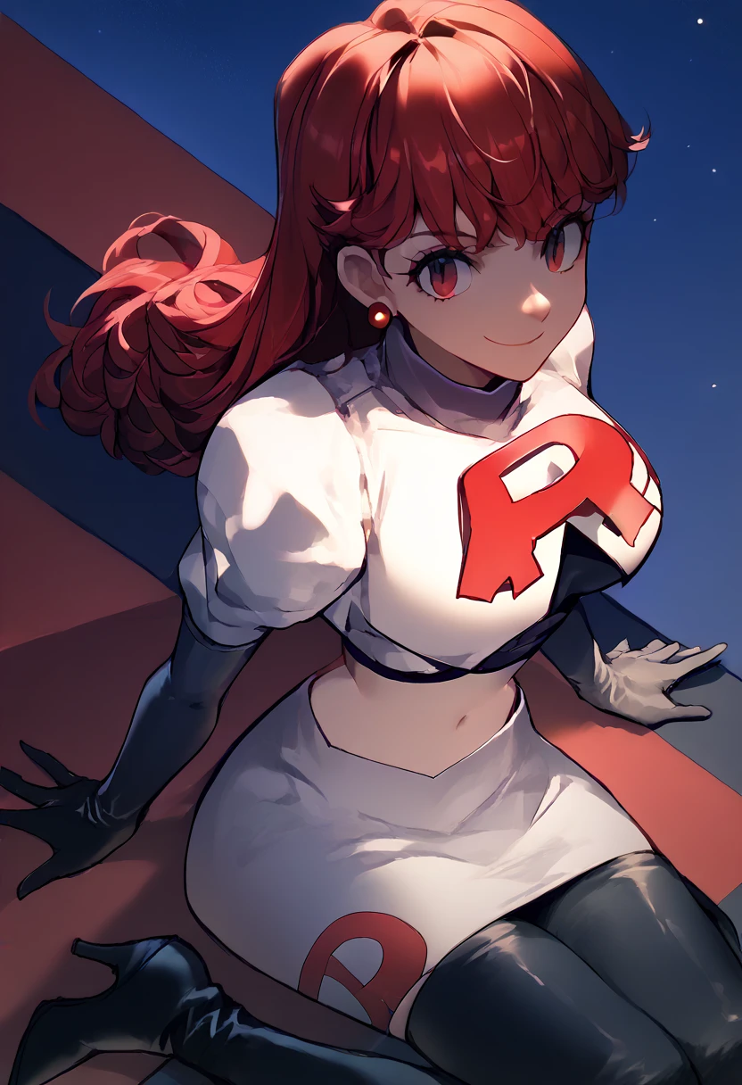 Team rocket, team rocket uniform, red letter R, white skirt,white crop top,black thigh-high boots, black elbow gloves, evil smile, night sky background, earrings, large breasts, high-heeled boots, kasumi yoshizawa, red hair