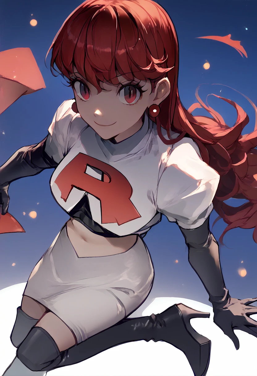 Team rocket, team rocket uniform, red letter R, white skirt,white crop top,black thigh-high boots, black elbow gloves, evil smile, night sky background, earrings, large breasts, high-heeled boots, kasumi yoshizawa, red hair