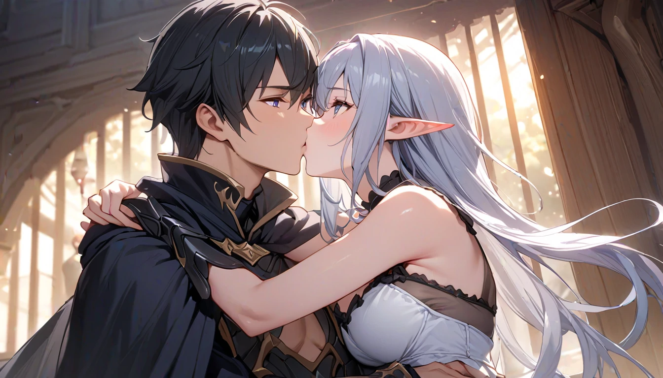 A beautfiul girl with big chest and sword in hand pointing a boy's neck