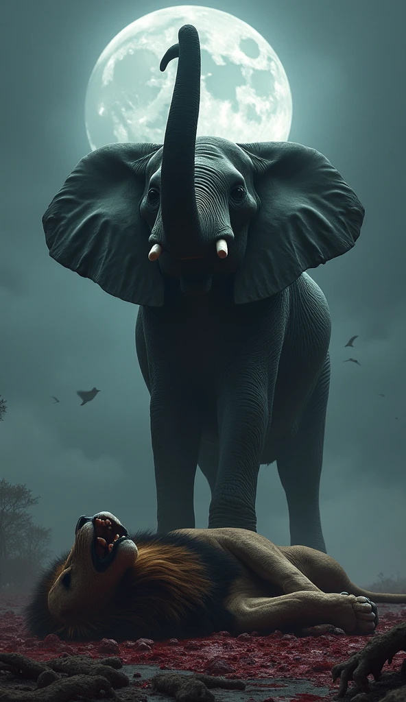 Elephant standing on a dead gorila that it fought in a forest