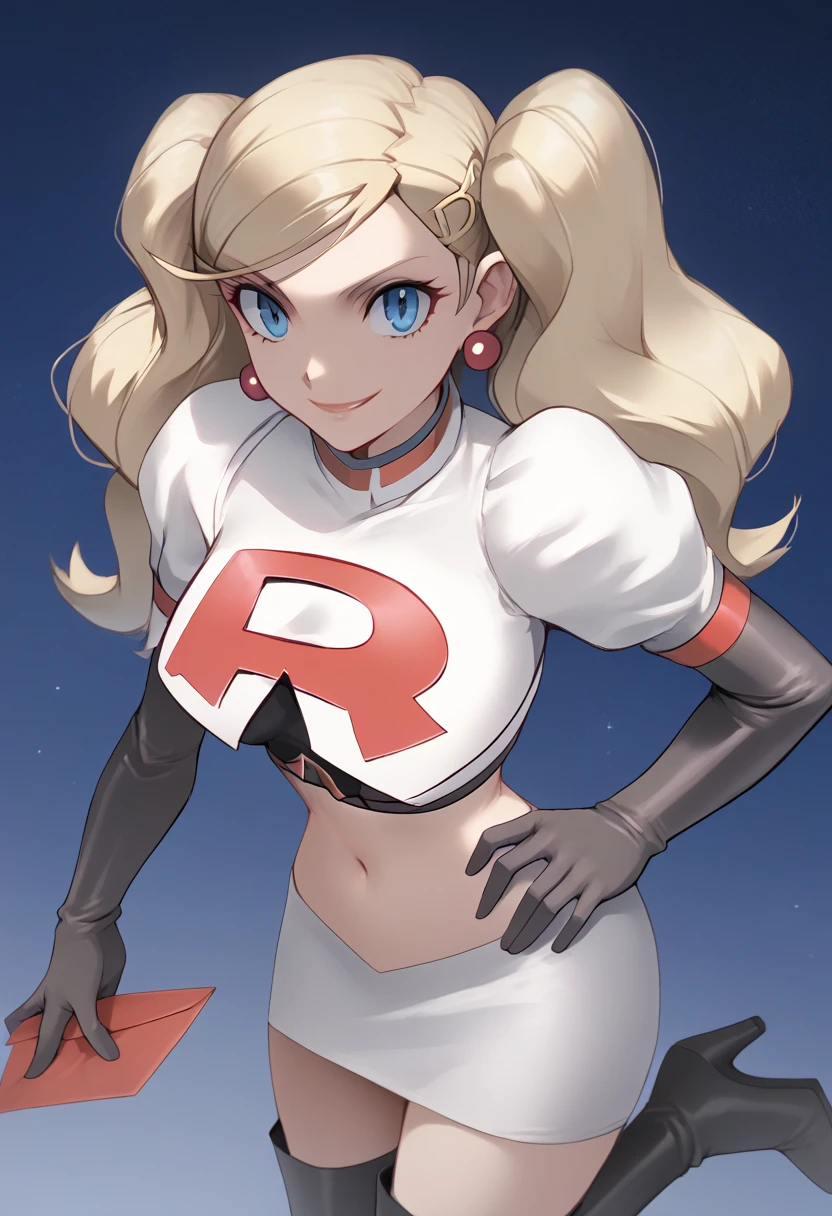 Team rocket, team rocket uniform, red letter R, white skirt,white crop top,black thigh-high boots, black elbow gloves, evil smile, night sky background, earrings, large breasts, high-heeled boots, Ann Takamaki, blonde hair, twintails