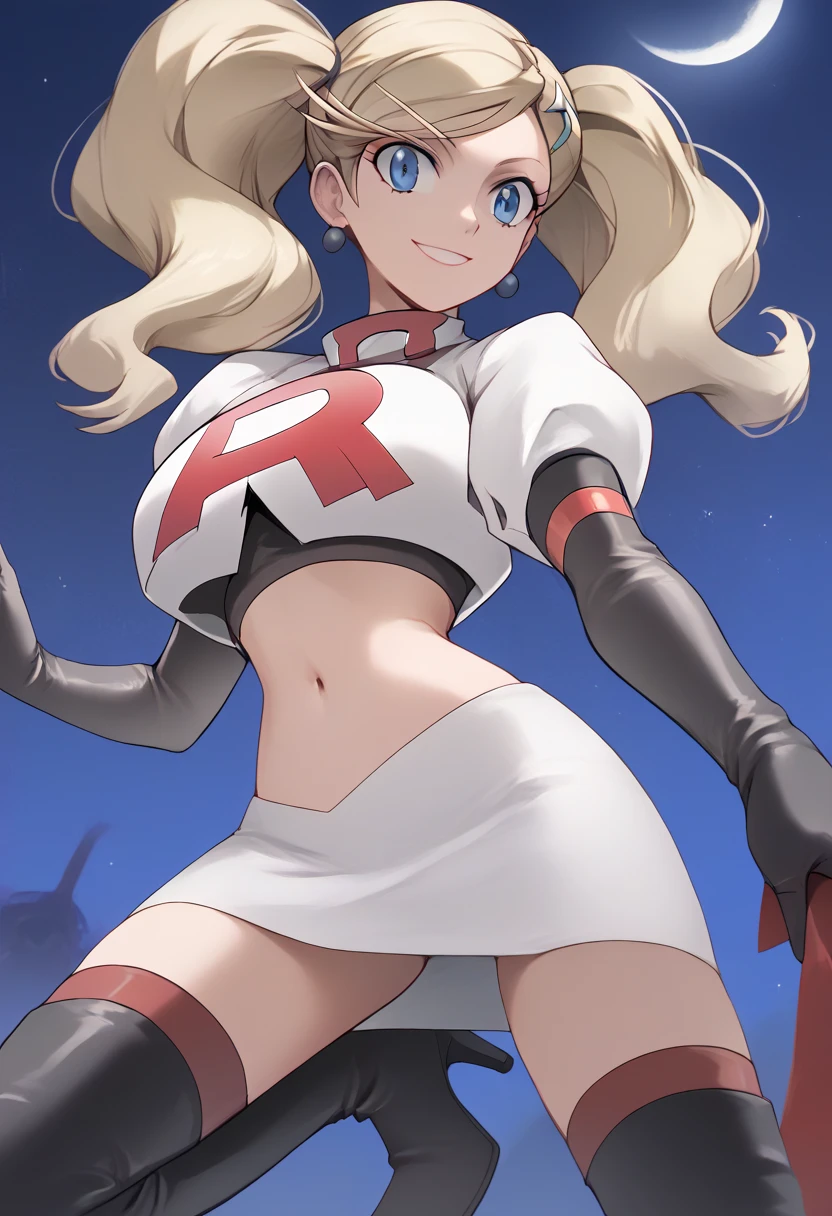 Team rocket, team rocket uniform, red letter R, white skirt,white crop top,black thigh-high boots, black elbow gloves, evil smile, night sky background, earrings, large breasts, high-heeled boots, Ann Takamaki, blonde hair, twintails