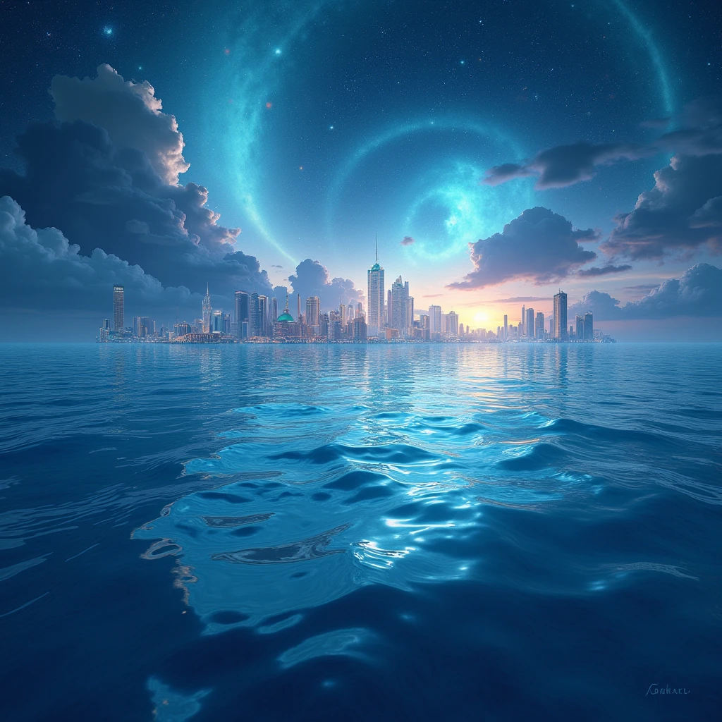 A large expanse of water in space, with images of beautiful earth cities reflected in it.