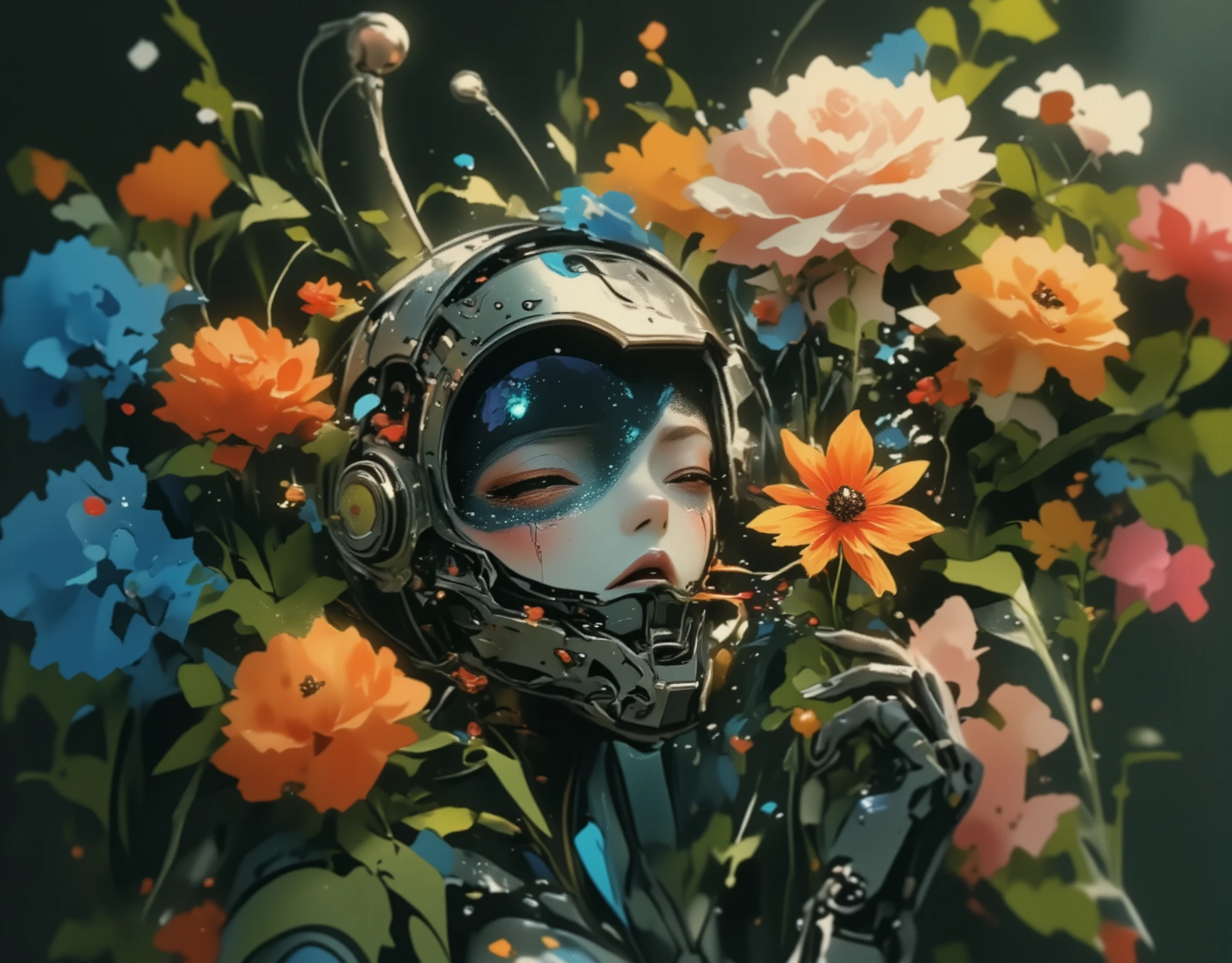  a close up of a robot with a flower in its mouth,  digital art inspired by Beeple ,  trend in polycount , arte digital,  humanoids covered in flowers , Stylized 3D Render,  Beeple rendered in 3D , Nice 3D rendering, robot lindo, robot photography , Stylized 3D rendering, stylized Digital Art