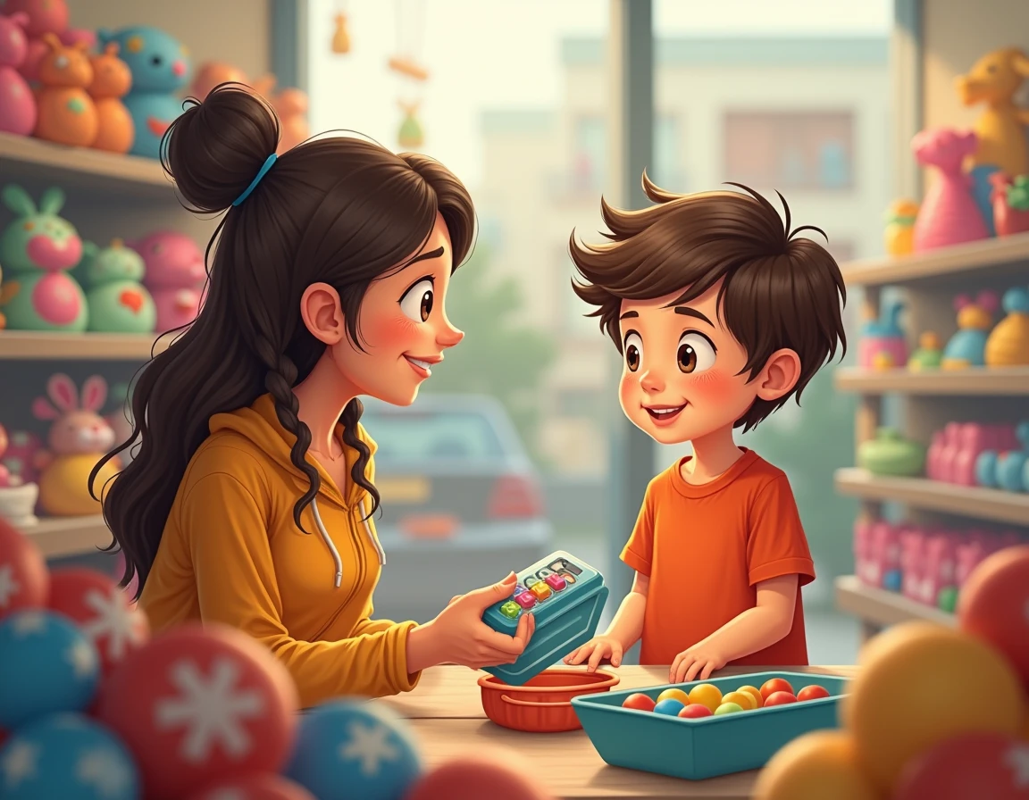 A young boy, about 5 or , stands at a cashier counter in a bright, busy store. He holds a doll tightly in his small hands, looking up with wide, hopeful eyes. The cashier, a kind-looking woman, leans slightly over the counter, gently explaining something to the boy. In the background, a lady is seen shopping, pushing a cart, and observing the interaction with a concerned expression.