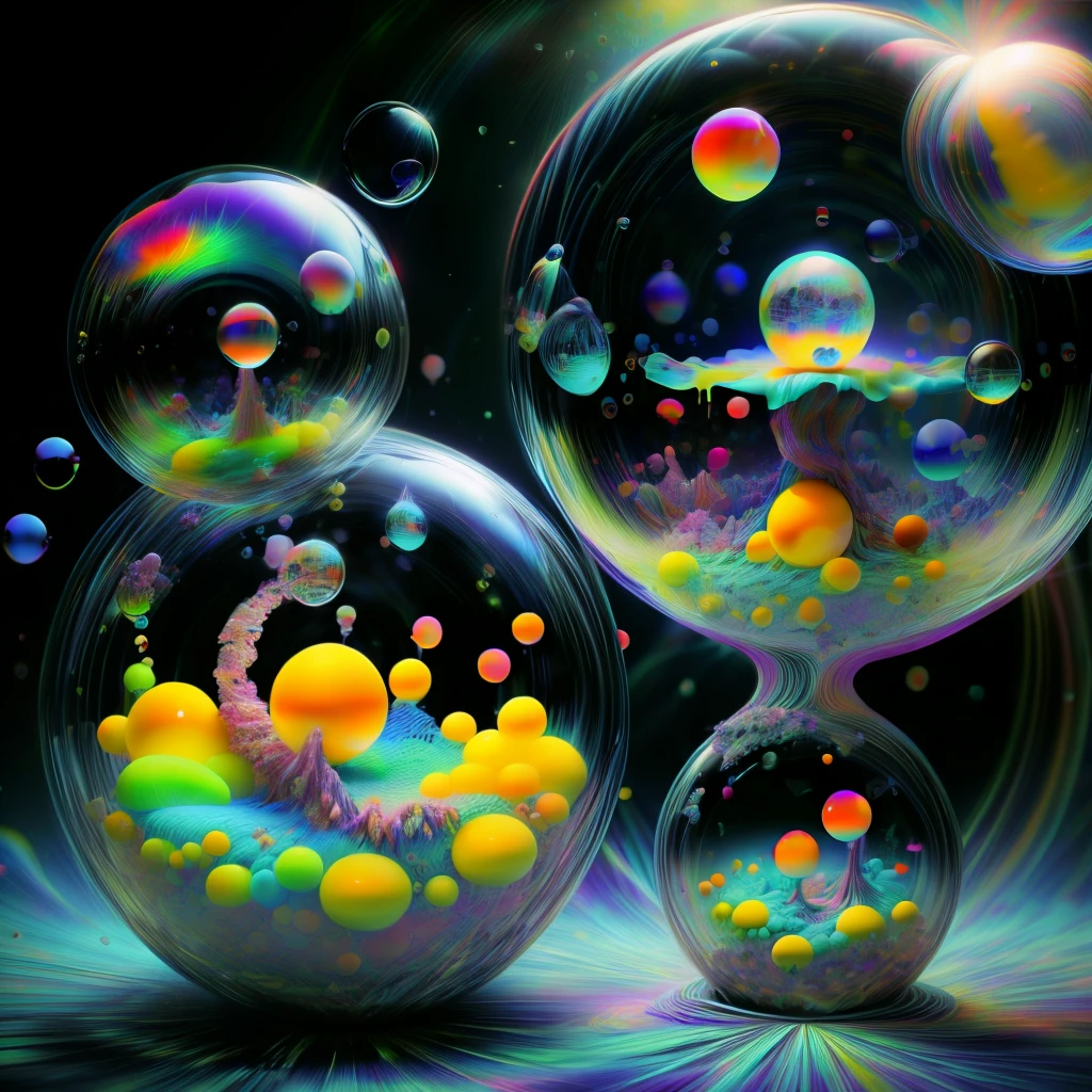 Make the colored liquid implode on itself and pour it out up towards the bottom of the image. Brilliant images of pure light emerging from vibrant colors in a psychedelic dream, shimmering glass morphing out of colors, tripped out detailed patterns in all colors, perfectly formed symmetrical spheres and glowing reflective bubbles, attention to detail on the bubbles and spheres, rainbows of color twisted in and out of translucent orbs, background is spilled paint and spirals of swirling colour, beautiful psychedelic digital art, pixel art, neon colors, 4d mandelbulb psychedelics, glass like psychedelic landscape, intricate rainbow environment, psychedelic underwater brightness, LSD,DMT, Psilocybin, Mescaline, trails of color and light, bright fluorescent colors, psychedelic trip, fluorescent psychedelic aesthetic, psychedelic vibrant colors, bright psychedelic neon colors, colorful paint drips out of the bubbles, 3d glass spheres melt into each other spilling out colours, visually disorienting, hallucination inducing, optical illusions a must, startling, stunning images, awe inspiringly, best quality wallpaper, Pixel Assets, Portrait photography, surrealism, Photorealistic, Hyperdetailed, Glass Morphism, Digital Art, Sparkle, Optical Illusion, Glowing Light, Reflection Light, Overexposure, God rays Backlighting, Depth Of Field, Rotational Symmetry, UHD, High Details, High Quality, Super Detailed, Best Quality, Award Winning, holographic, bubblerealm,holographic earth Masterpiece