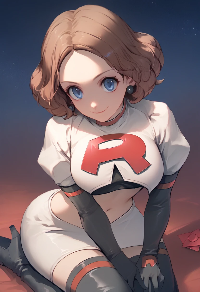 Team rocket, team rocket uniform, red letter R, white skirt,white crop top,black thigh-high boots, black elbow gloves, evil smile, night sky background, earrings, large breasts, high-heeled boots, Haru Okumura, brown hair