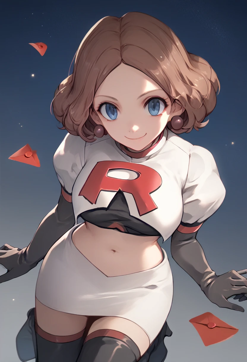 Team rocket, team rocket uniform, red letter R, white skirt,white crop top,black thigh-high boots, black elbow gloves, evil smile, night sky background, earrings, large breasts, high-heeled boots, Haru Okumura, brown hair