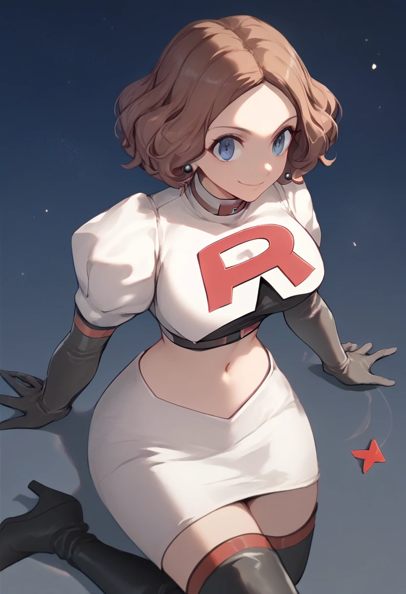 Team rocket, team rocket uniform, red letter R, white skirt,white crop top,black thigh-high boots, black elbow gloves, evil smile, night sky background, earrings, large breasts, high-heeled boots, Haru Okumura, brown hair